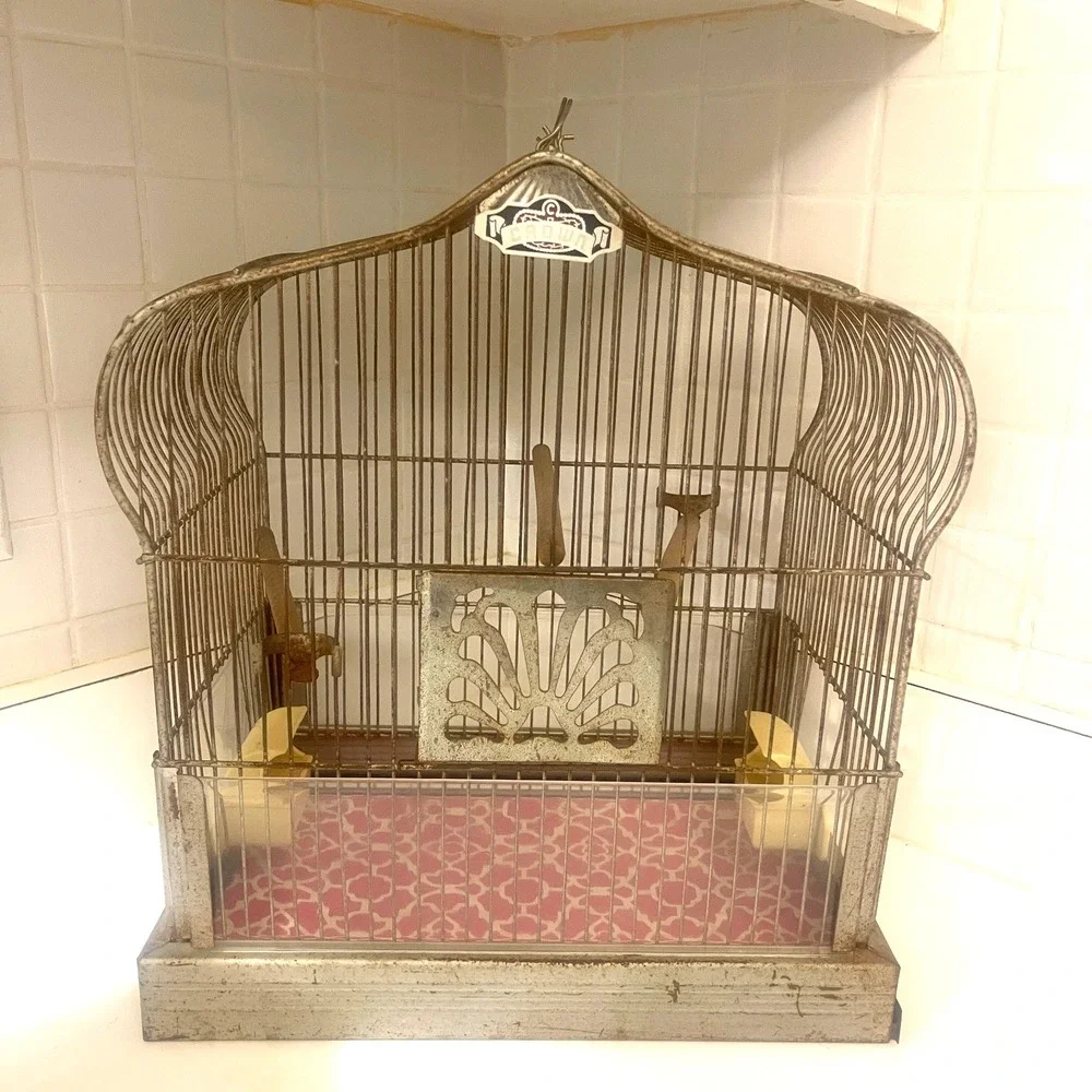 Vintage CROWN Wire Bird Cage w Original Feeder Trays &‎ Slide Tray Hang Hook